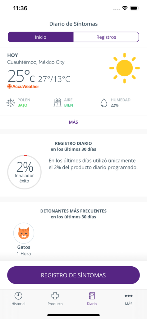 Respiramas - Respiramas app symptom diary showing local weather, air quality, inhaler usage logs, and frequent asthma triggers.