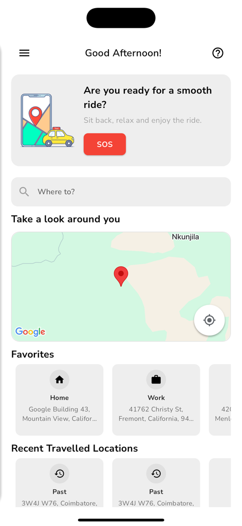 Suka - Suka rideshare app home screen showing the destination search bar a map and safety SOS button