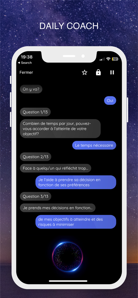 Hypnos: Sleep, Relaxation - Hypnos app daily coach feature showing a therapeutic assessment chat on a dark starry background