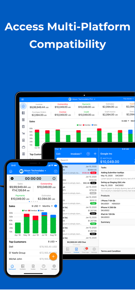Interface de l'application Easy Invoice Maker affichée sur smartphone, tablette et ordinateur