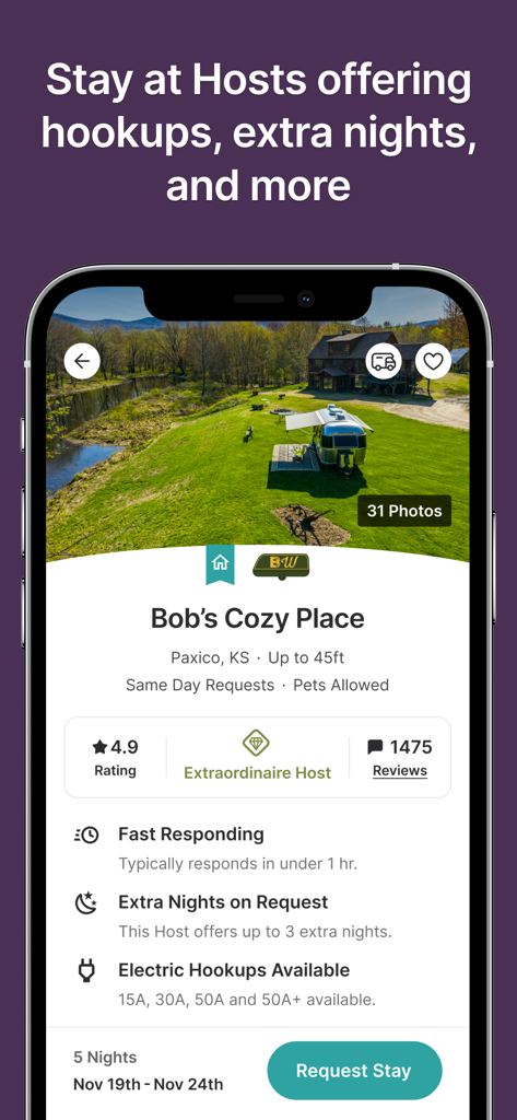 Harvest Hosts app interface showing an RV camping host profile with reviews and site amenities.