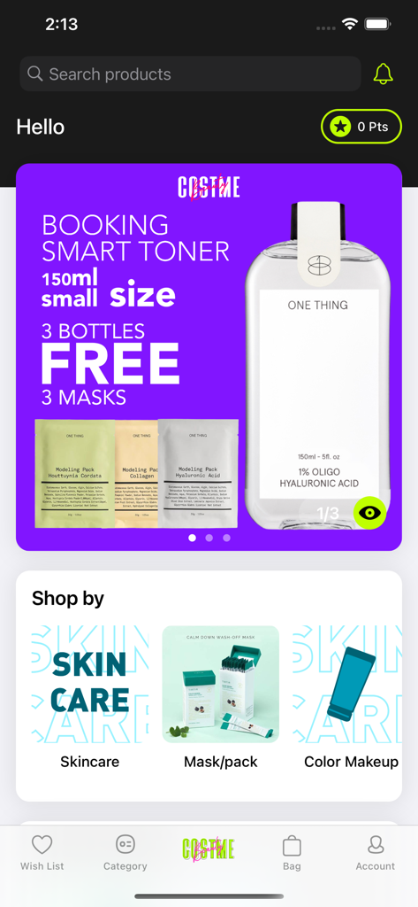 Costmebeauty - Costmebeauty mobile app home screen featuring a promotional banner for skincare products and shop by category section.