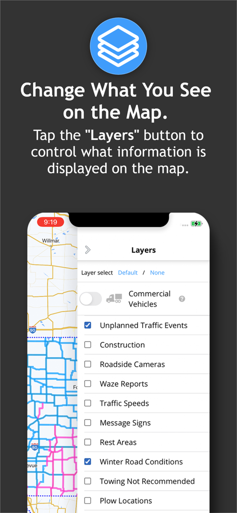 Iowa 511 - Iowa 511 app screen showing the map layers menu with options for traffic events and winter road conditions