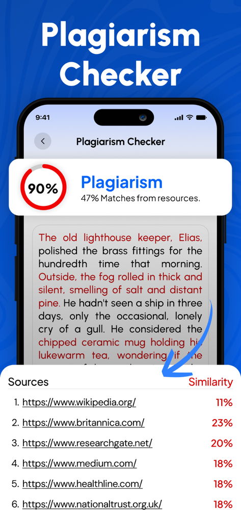AI Detector, Humanize AI Text - Interface de aplicativo móvel mostrando um relatório de detecção de plágio de 90% com uma lista de fontes correspondentes como Wikipedia e Britannica.