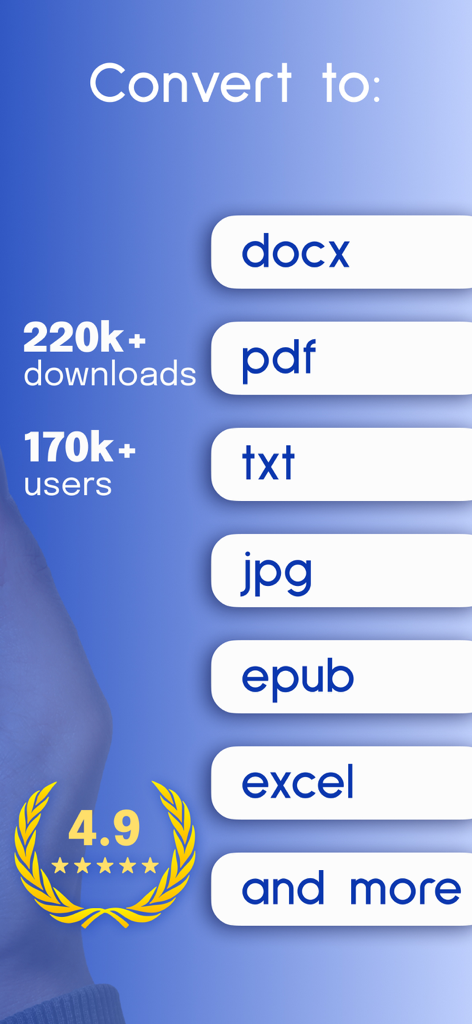 Interface of PDF Converter app showing various export formats like PDF DOCX and Excel with 4.9 rating