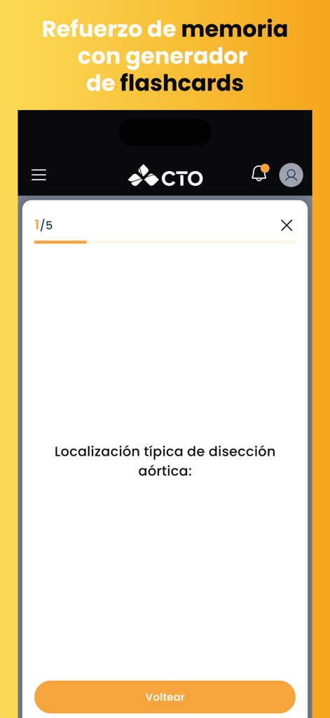 MetaEnarm app interface showing a medical study flashcard with a question about aortic dissection