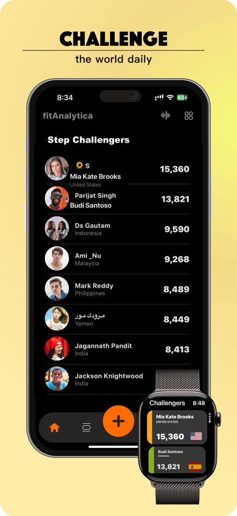 Quadro de líderes de desafio de passos global no aplicativo móvel fitAnalytica e Apple Watch