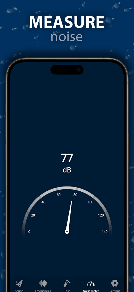Noise meter interface in the Clean Wave app showing a decibel reading of 77.