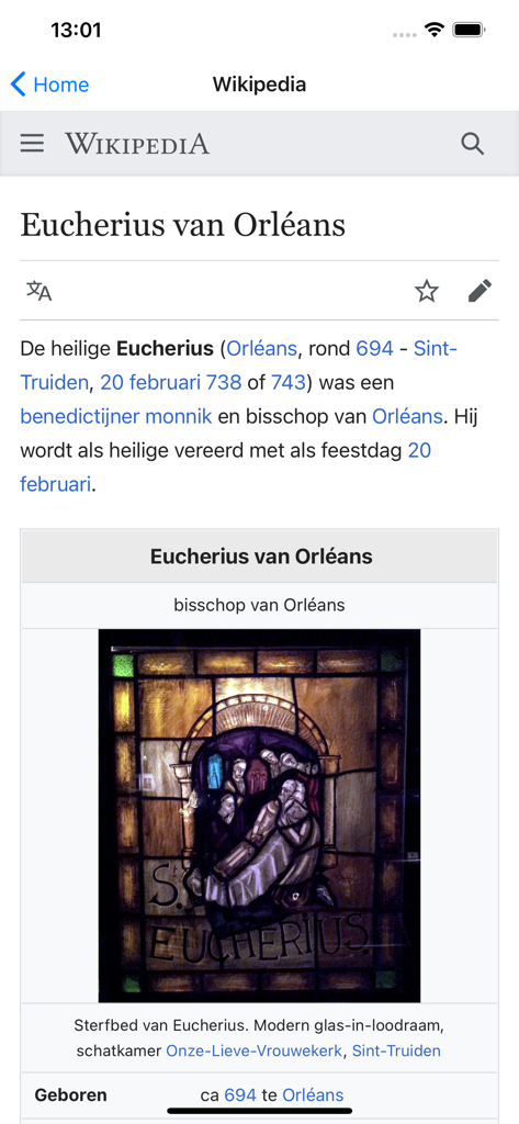 Wikipedia article for Eucherius van Orleans within the app