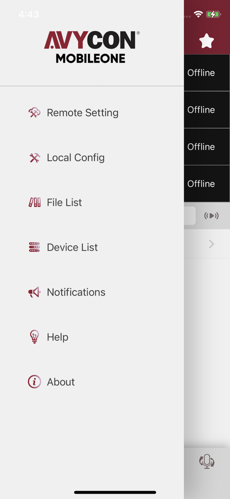 AVYCON ONE - AVYCON ONEモバイルセキュリティアプリのサイドナビゲーションメニュー。リモート設定、デバイスリスト、通知が表示されます。