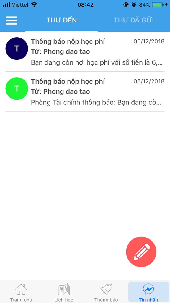 The UniStudent app interface showing a list of messages and tuition fee notifications in an inbox