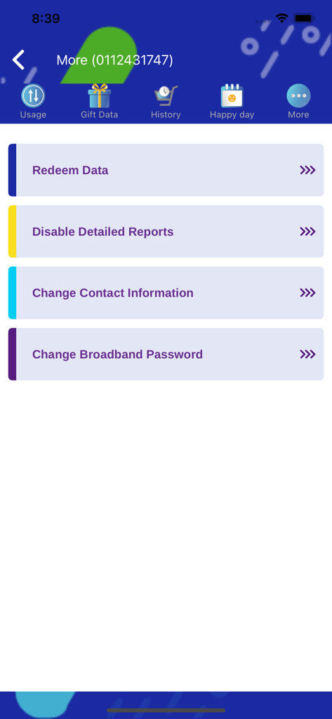 MySLT - MySLT app screen showing options to redeem data and change broadband password