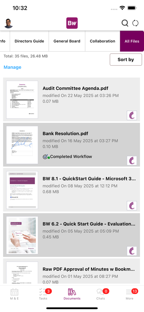 Computershare BoardWorks - Secure document management interface in the Computershare BoardWorks app showing meeting agendas and bank resolutions.