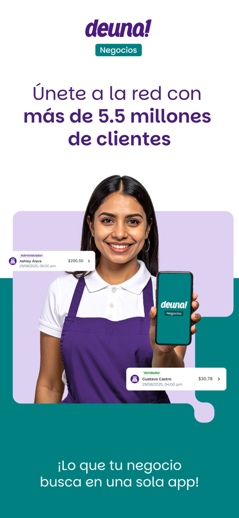 Deuna Negocios: cobra fácil - Un dueño de pequeño negocio sosteniendo un smartphone con la interfaz de la app Deuna Negocios mostrando notificaciones de ventas
