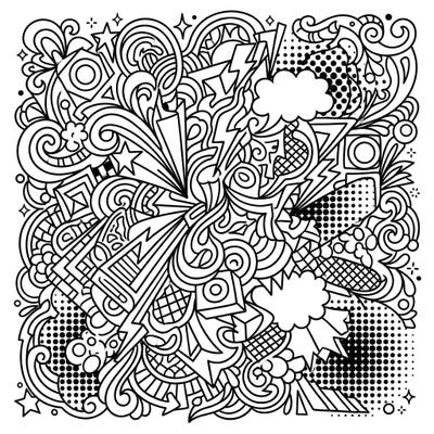Explore a mesmerizing Abstract Pop Art coloring page, bursting with dynamic lines, stars, and classic halftone patterns. This intricate design offers a unique creative challenge for all skill levels.