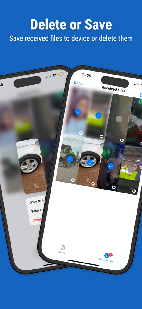 DroidShare - DroidShare app interface for saving or deleting received photos and videos