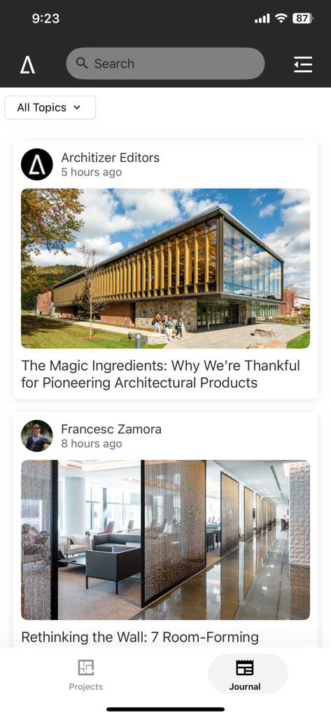 Architizerアプリのジャーナルフィード、厳選された建築記事とプロジェクトデザインのインスピレーションを表示