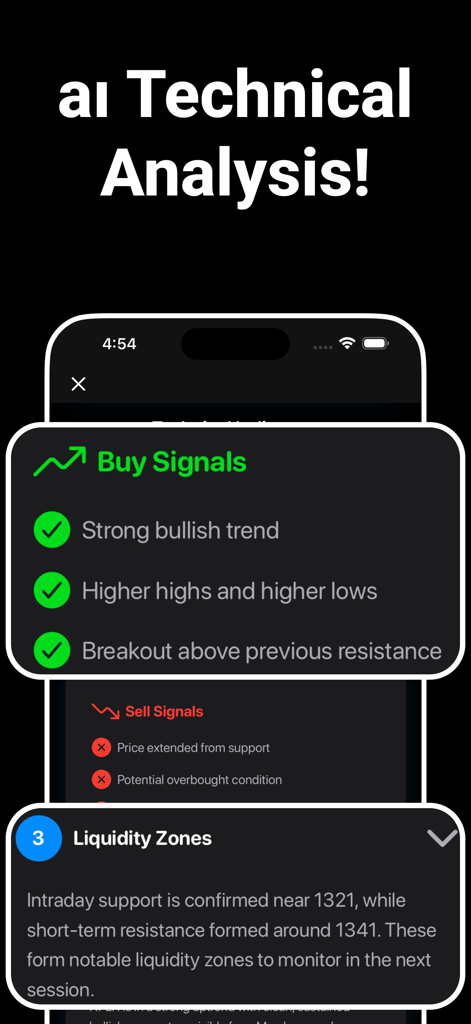 Trade AI * Chart aı Analysis - モバイル画面上の買いシグナルと流動性ゾーンを備えたAI駆動のテクニカル分析。