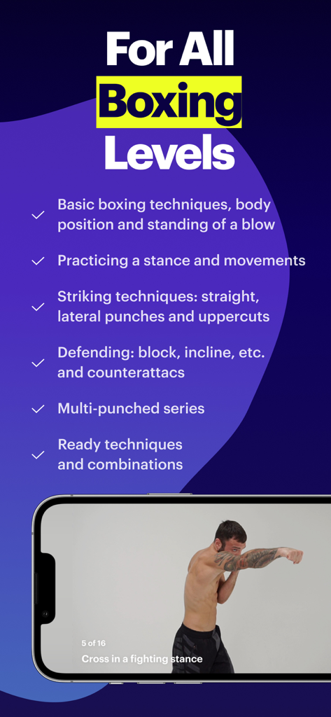 BXNG: Home Boxing Workouts App - Una pantalla de aplicación BXNG que muestra funciones de entrenamiento de boxeo para todos los niveles con un tutorial en video de un golpe de cruz.