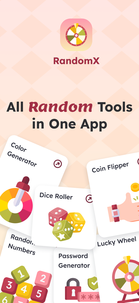 RandomX: Randomizer - RandomX app interface displaying various tools including Dice Roller, Coin Flipper, and Lucky Wheel.
