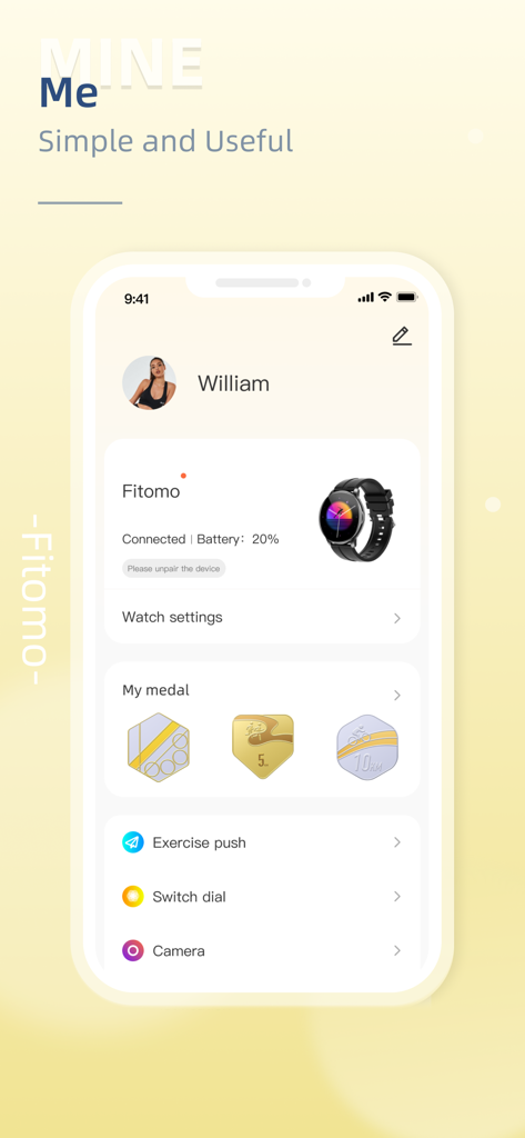 Fitomo - Pantalla de perfil de la aplicación Fitomo que muestra el estado del smartwatch conectado, la duración de la batería y la configuración del dispositivo