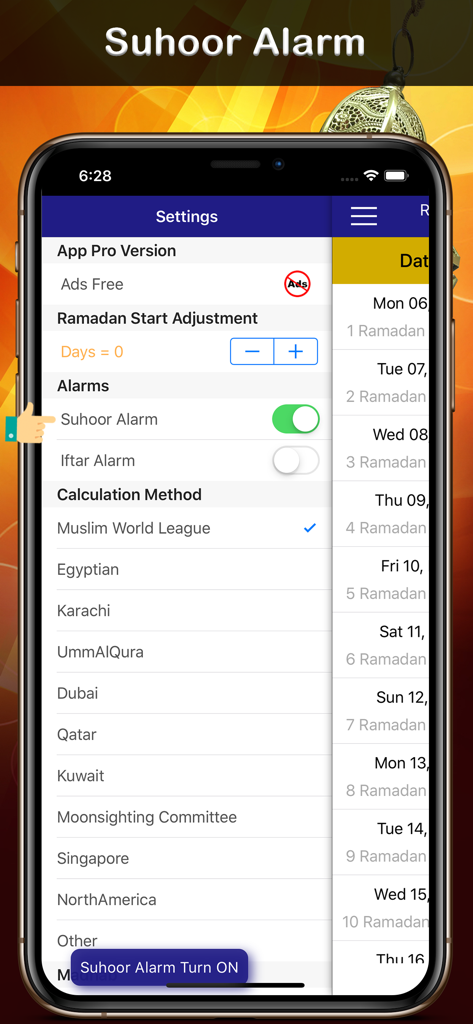 Settings page of Ramadan Calendar app showing Suhoor alarm toggle and prayer calculation methods.