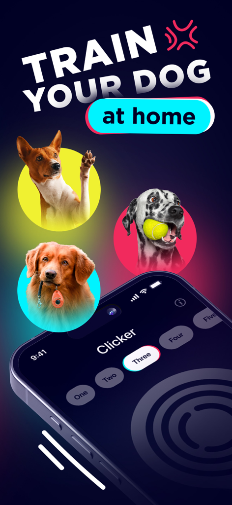 Una pantalla promocional de la aplicación DogTok que muestra diferentes perros y una interfaz de clicker de entrenamiento digital en un smartphone