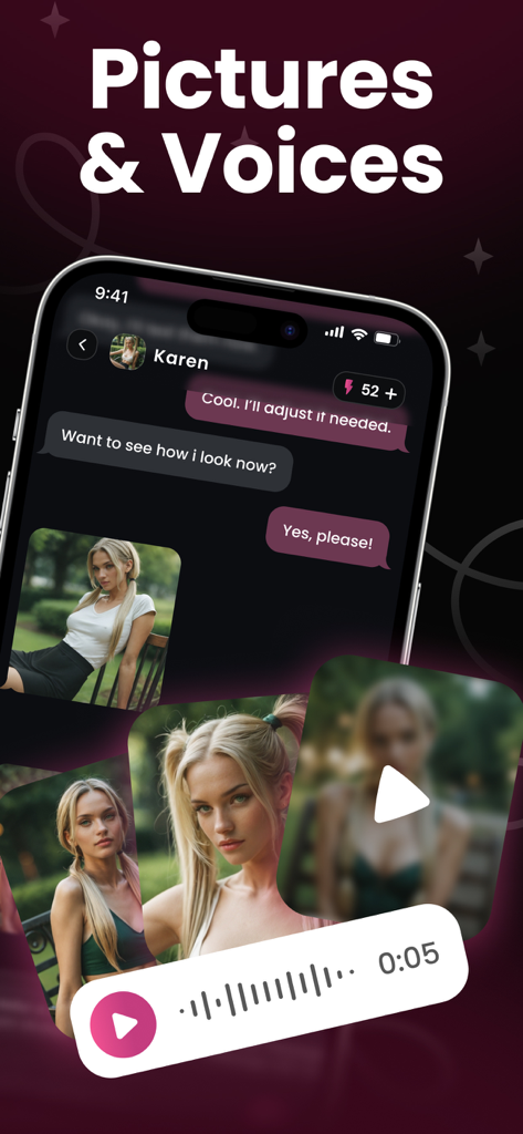 LaMi AI Soulmate app interface showing a chat with photos and voice messages from an AI character named Karen.