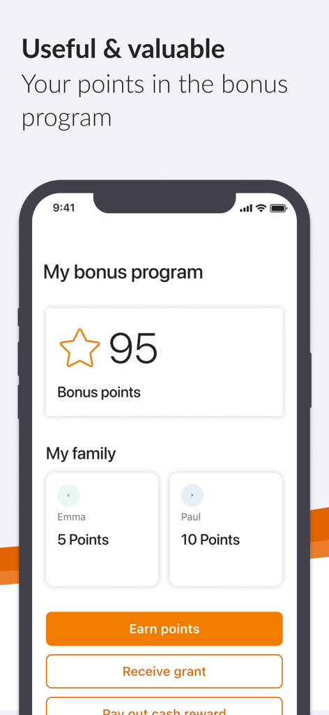 DAK health insurance app screen showing the bonus program with earned points for the user and family members