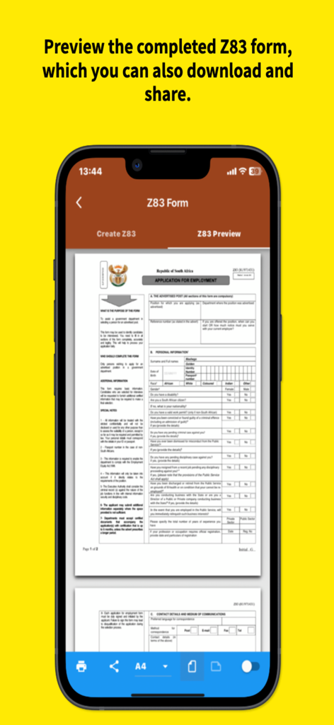 A smartphone screen displaying a preview of a completed Z83 job application form