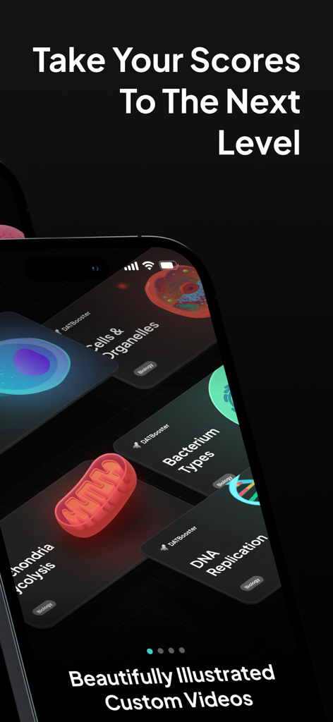 Booster Prep - Booster Prep app interface showing illustrated study videos for biology topics like DNA replication and cell organelles