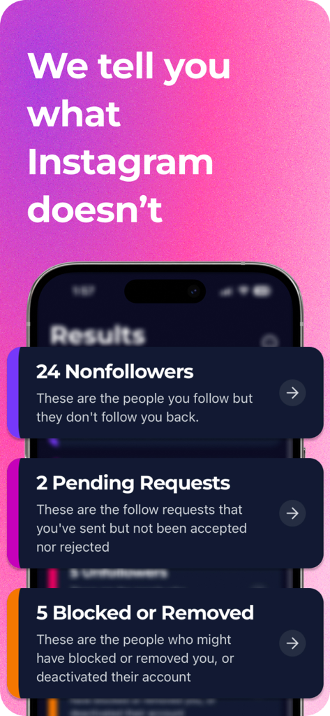 Tela de um aplicativo exibindo análises de contas do Instagram, incluindo não seguidores, solicitações pendentes e usuários bloqueados.