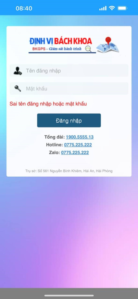 Định Vị Bách Khoa - Login screen of the Dinh Vi Bach Khoa GPS tracking application for vehicle management