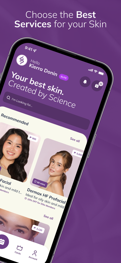 SkinStation Online mobile app interface showing recommended facial treatments and beauty services