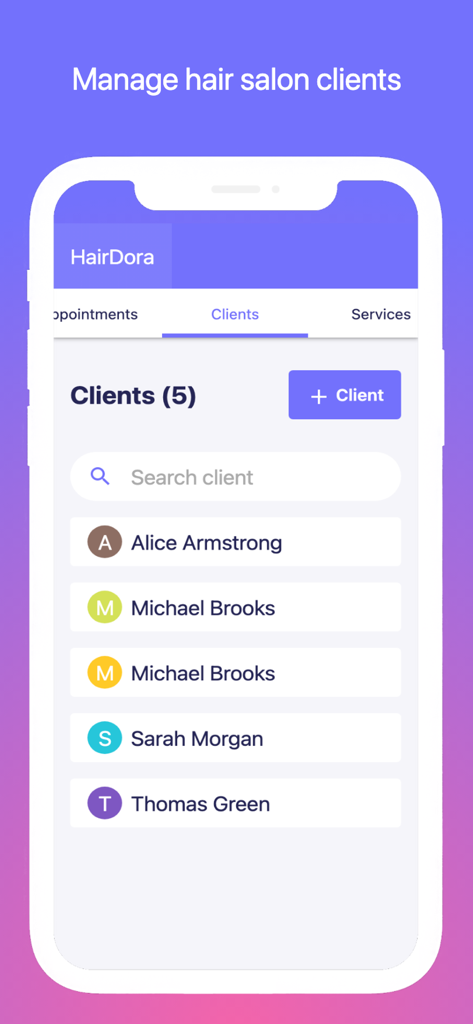 Hair Salon Management - Interfaz de la aplicación HairDora que muestra una lista de clientes de salones de peluquería y una barra de búsqueda
