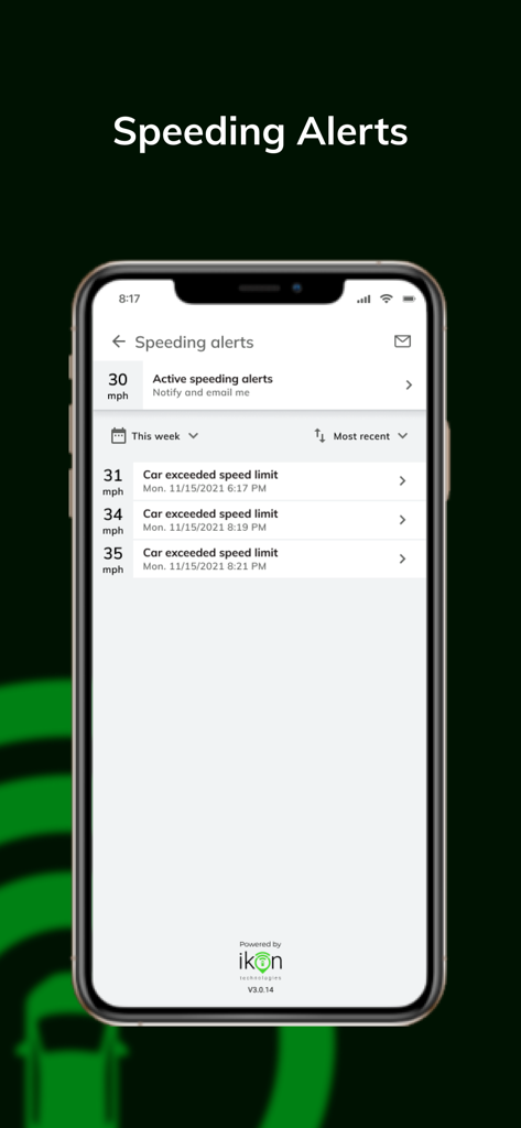차량 과속 알림 기록 및 알림 설정을 보여주는 Freeman Toyota Connect 앱 인터페이스