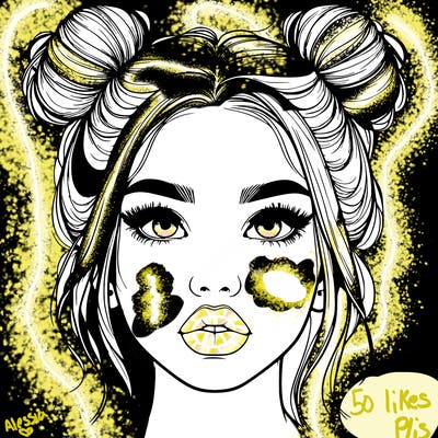 realistic girl with two buns on her hair and lips