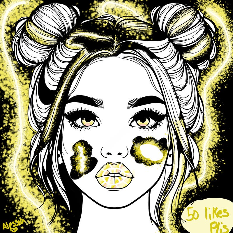 realistic girl with two buns on her hair and lips