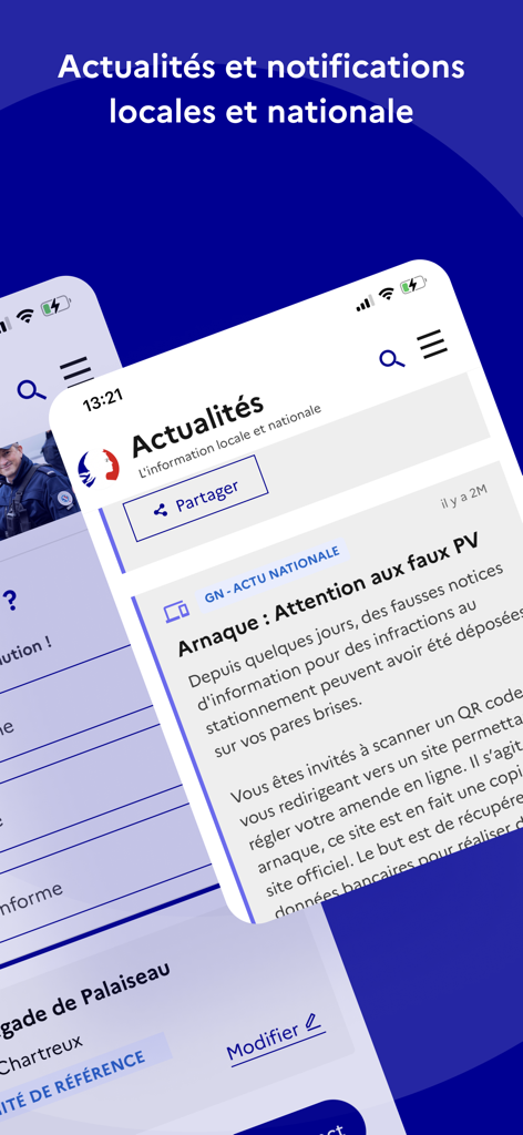 Ma Sécurité - Ma Sécurité app news screen showing local and national notifications with a scam alert about fake parking tickets