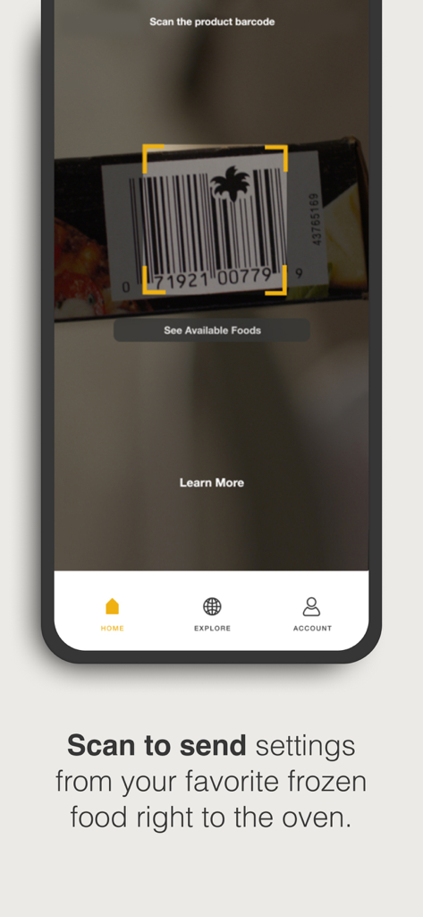 Whirlpool - A smartphone scanning a food barcode with the Whirlpool app to send cooking settings to the oven.