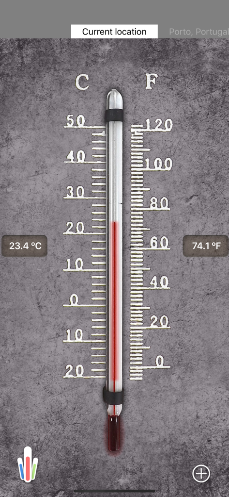 HD Thermometer app interface with rustic design showing Celsius and Fahrenheit temperature scales