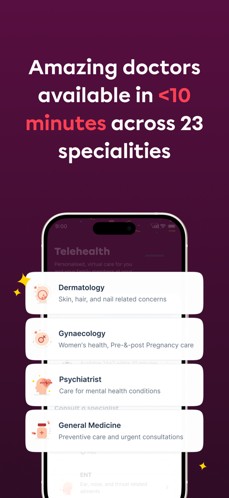 Plum: Health Benefits - Plum app screen showing telehealth services with access to doctors in under 10 minutes across 23 specialties