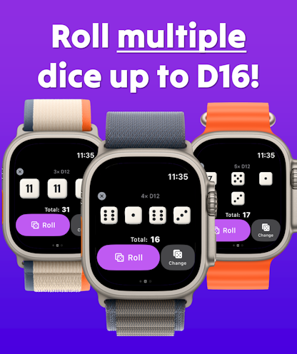 Watch Flip: Coin Toss & Dice - Three Apple Watches showing the Watch Flip app interface for rolling multiple dice simultaneously with different band colors.
