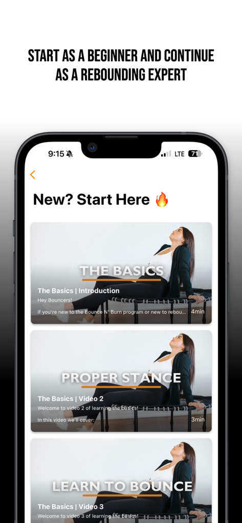 Captura de pantalla de la aplicación Bounce N' Burn mostrando videos y tutoriales de ejercicios de rebote para principiantes.