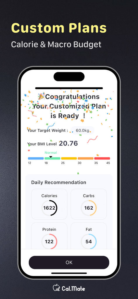 Una pantalla móvil que muestra un plan de salud personalizado con peso objetivo, IMC y recomendaciones diarias de calorías y macronutrientes
