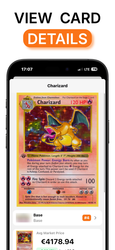 PTCG Value Scanner: Mintgrid - Mobile screen showing the market value and details for a Charizard pokemon card in the Mintgrid app