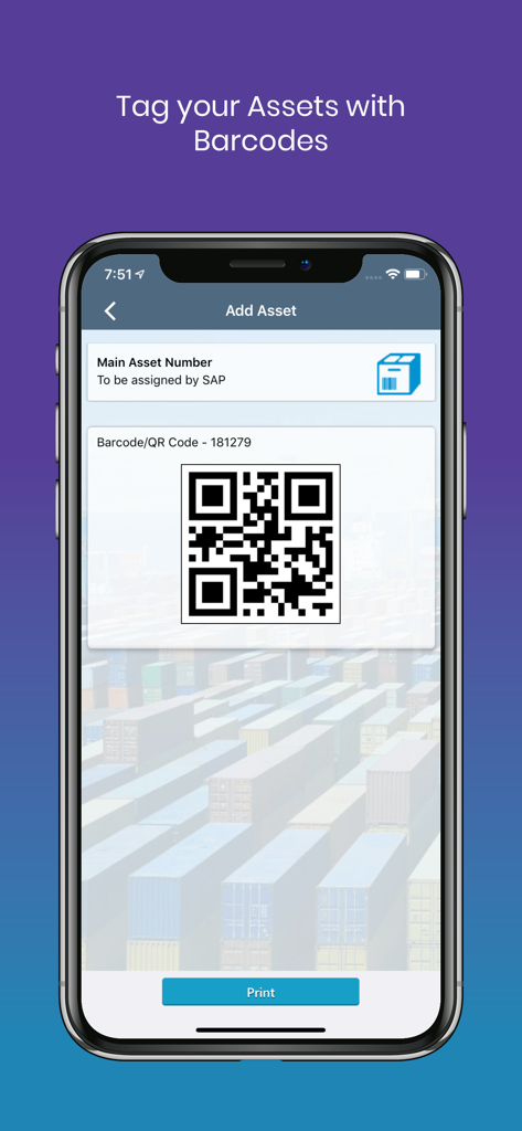 mAssetTag app interface showing the add asset screen with a generated QR code for barcode tagging