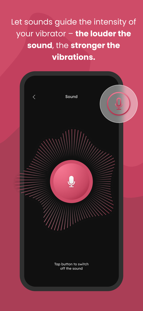 Vibes Only - A smartphone showing the Vibes Only app interface where sound volume controls the vibration intensity of a connected device with a microphone icon and sound waves.