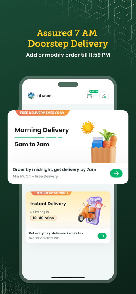 Screenshot of Country Delight app showing morning doorstep delivery by 7 AM and instant delivery options.