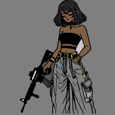 a dangerous girlcrop top and baggy jeans with a rifle in her hand